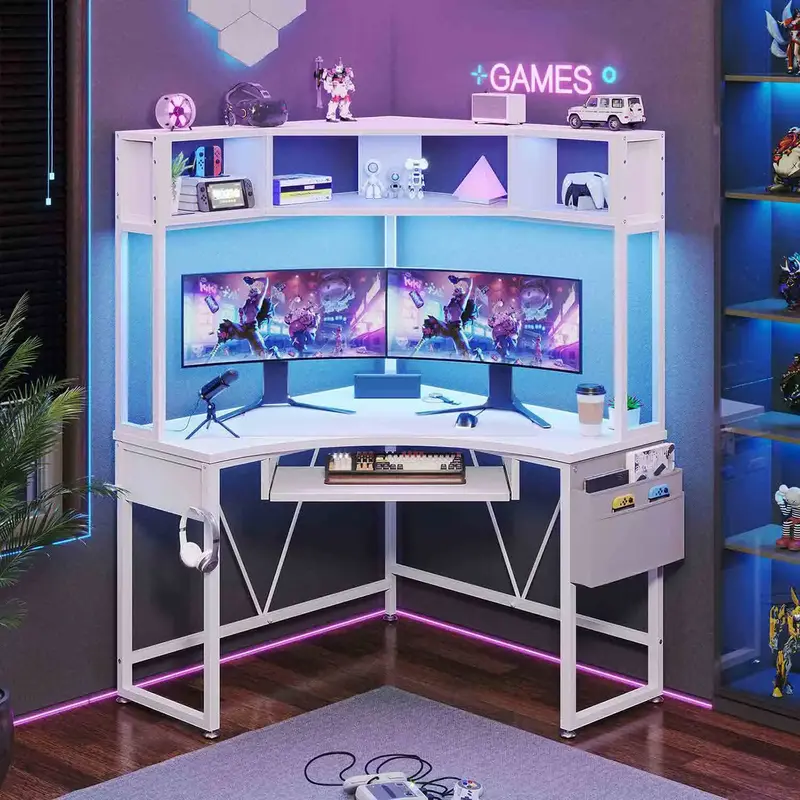 SEDETA Corner Desk with Tray and LED Lights Small Computer Desk Gamer Desktop Desktop Workstation Furniture
