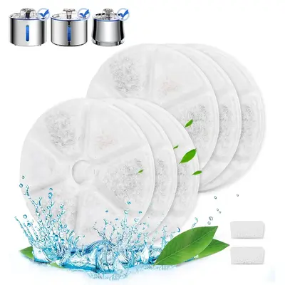 Cat Water Fountain Replacement Filter, 6 Counts Filter Elements & 2 Counts Sponges, Suitable for Cat and Dog Water Fountain A...