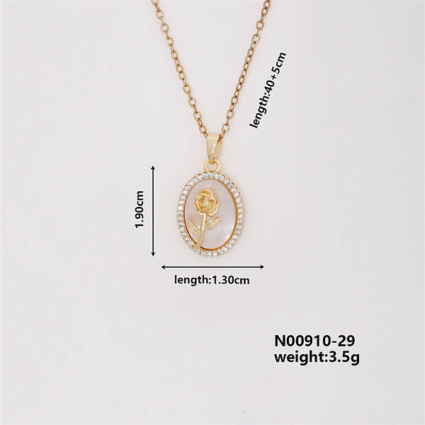 Elegant Vintage Brass Micro Pave Cubic Zirconia Oval with Flower Pendant Necklace for Women