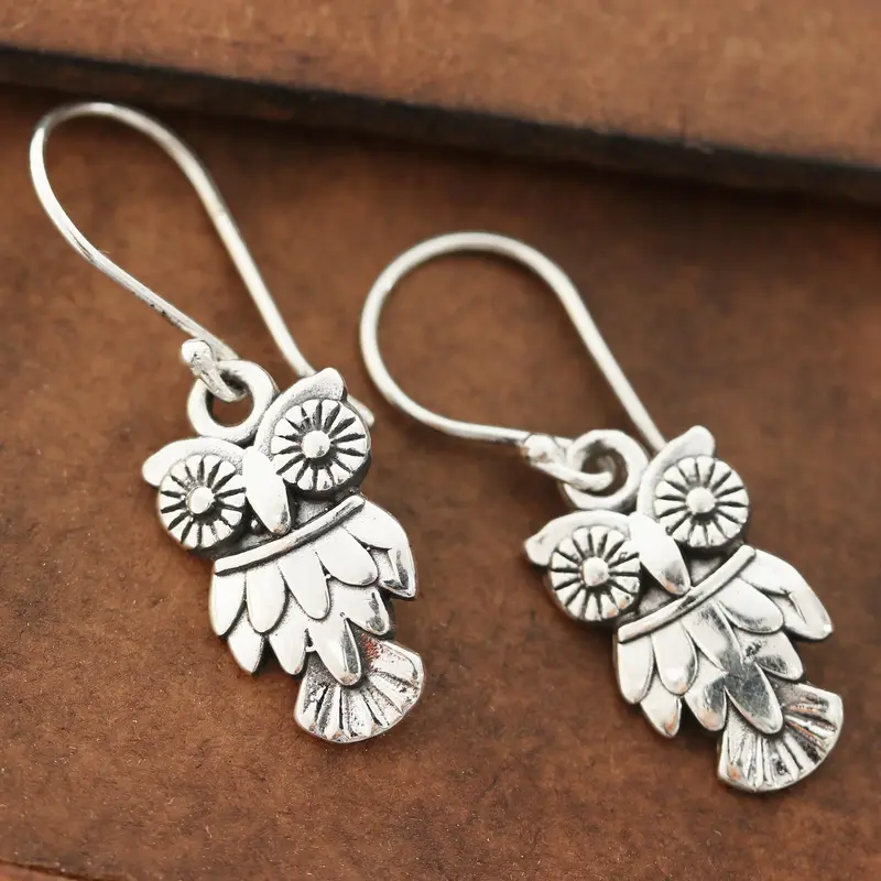 NOVICA Night Vision Sterling Silver Owl Dangle Earrings from India