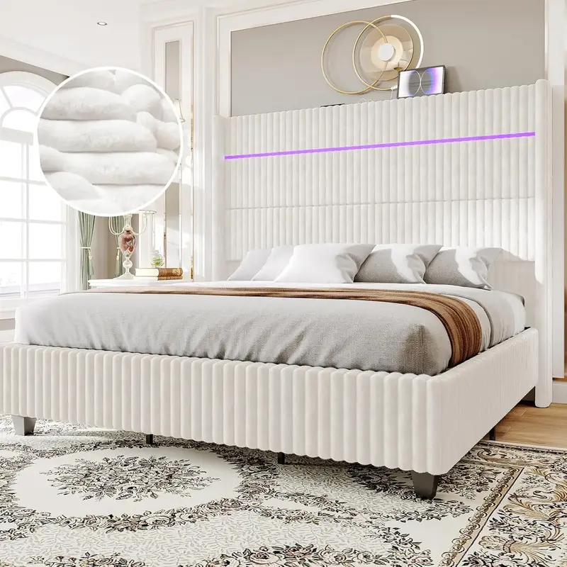 [TikTokShopfalldealsforyou]AMERLIFE Bed Frame with LED Lights Charging Station, Corduroy Upholstered Platform Bed Frame with ...