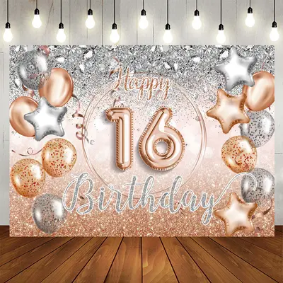 Aperturee Silver Rose Gold Balloon 16Th Birthday Backdrop