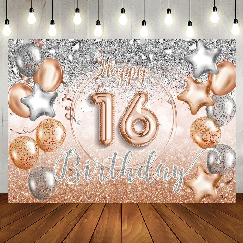 Aperturee Silver Rose Gold Balloon 16Th Birthday Backdrop