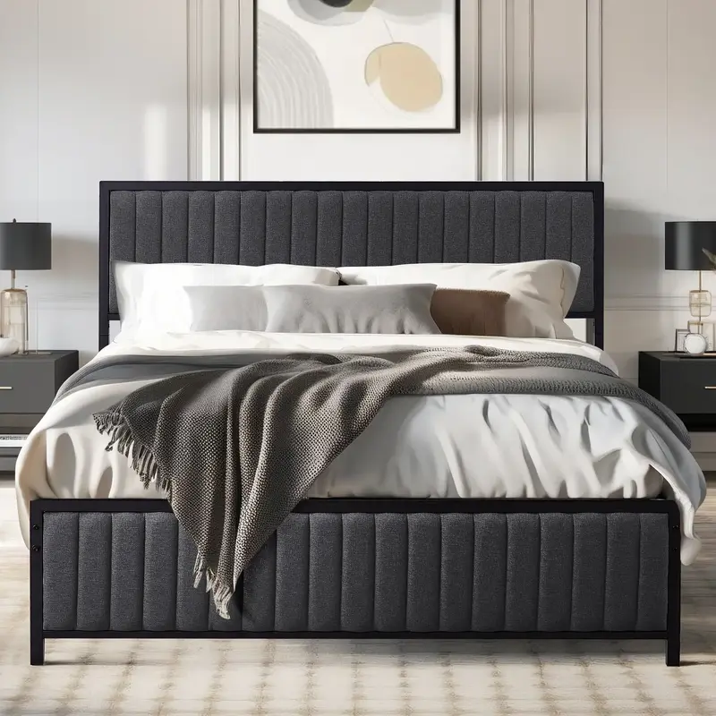 VECELO Upholstered Bed Frame Twin Queen Full Size Bed Frame with Tufted Leather Headboard & Footboard,No Box Spring Needed, H...