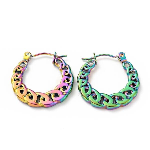 Ion Plating(IP) Rainbow Color 304 Stainless Steel Curb Chains Hoop Earrings for Women