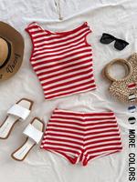 Women's Striped Print Knit Top & Shorts Set, Casual Fitted Sleeveless Top & Shorts, Two-piece Set for Summer Beach Holiday Va...