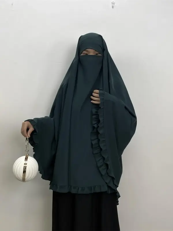 Women's Solid Color Ruffle Trim Khimar, Modest Fashion Long Sleeve Hijab for Daily Wear, Women's Islamic Clothing for All Sea...