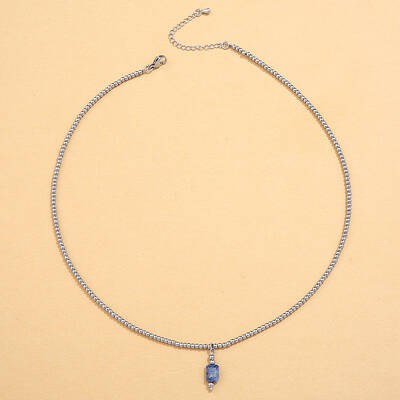 Stainless Steel Ball Chain Natural Blue Spot Jasper Column Pendant Necklaces for Women