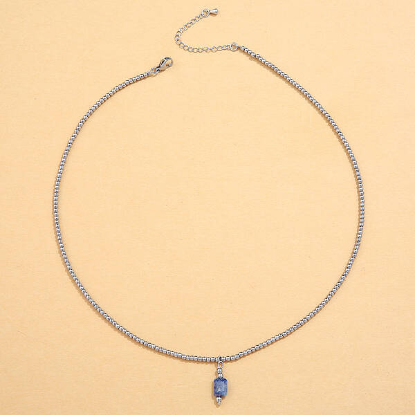 Stainless Steel Ball Chain Natural Blue Spot Jasper Column Pendant Necklaces for Women