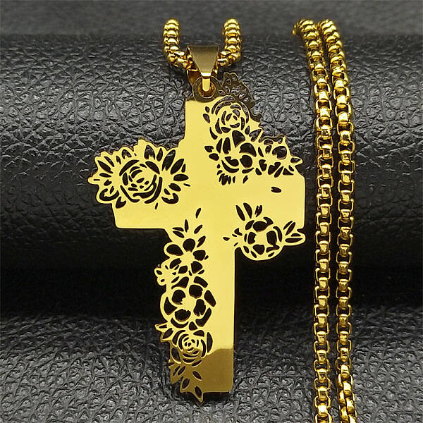304 Stainless Steel Hollow Rose Cross Pendant Necklaces