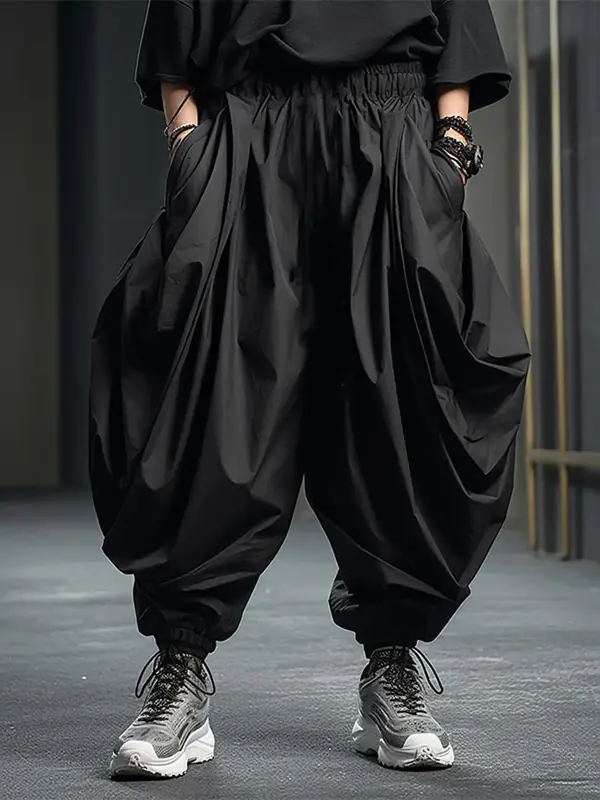 Mens Elastic Waist Ruffles Baggy Harem Trousers Fashion Loose Cargo Long Pants
