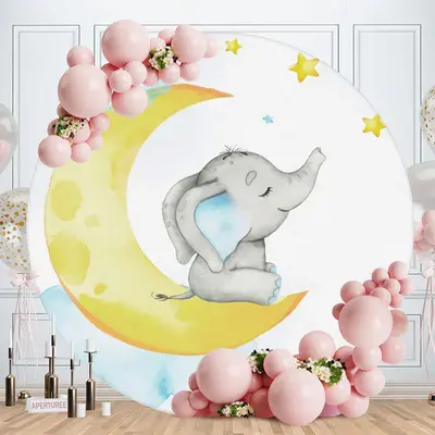 Aperturee Round Elephant Moon With Star Round Baby Shower Backdrop