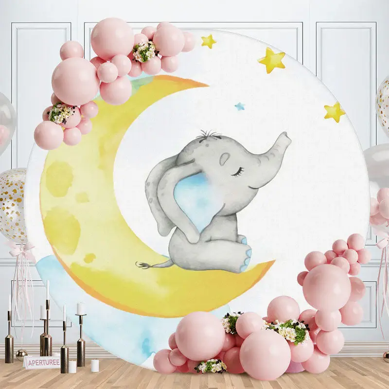 Aperturee Round Elephant Moon With Star Round Baby Shower Backdrop