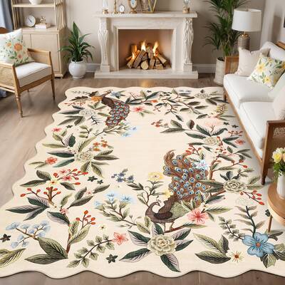 Garvee Scalloped Floral Peacock Rug 8x10 Washable Non Slip Low Pile TPE Backing Ultra Thin Lightweight Nursery Living Room Be...
