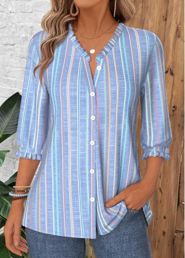 Modlily Dusty Blue Tummy Coverage Multi Stripe Print Blouse - M
