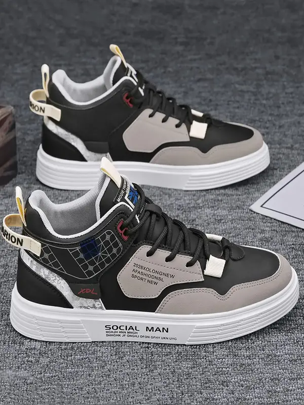 Men's Casual Letter Patched Design Lace-up Front High Top Sneakers, 1 Pair Fashion Comfortable Pu Leather Skate Shoes for Dai...