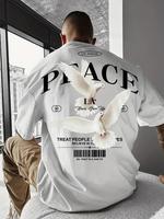 【Plus Size】 Peace Dove Print Round Neck Tee, Regular Fit Casual Short Sleeve Crew Neck T-shirt for Summer, Men's Top for ...