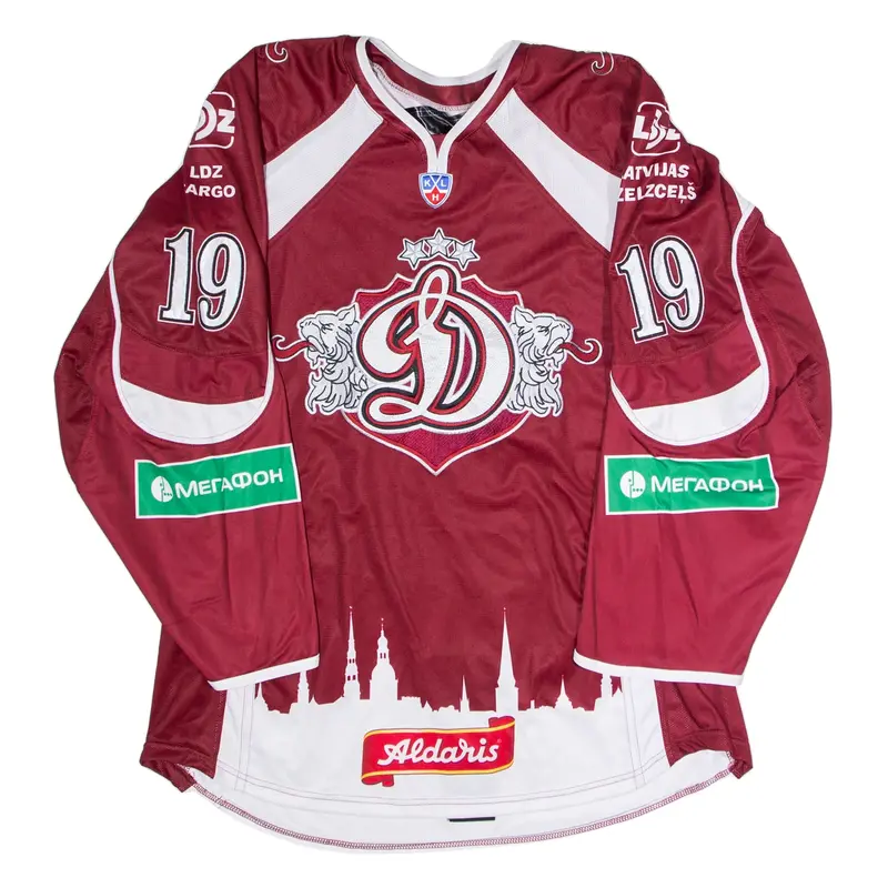 BAUER Dinamo Riga #19 Redlihs Ice Hockey Mens Jersey Maroon 3/4 Sleeve V-Neck XL