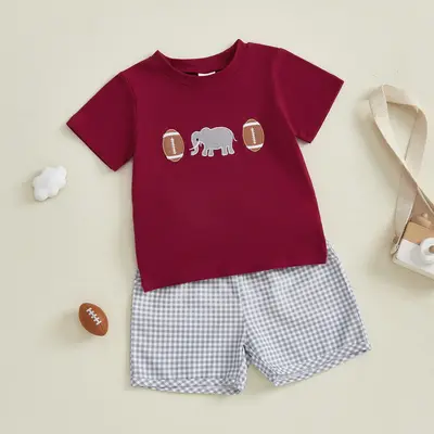 Toddler Baby Boys Summer Shorts Sets Short Sleeve Rugby Elephant Embroidery Tops and Plaid Shorts