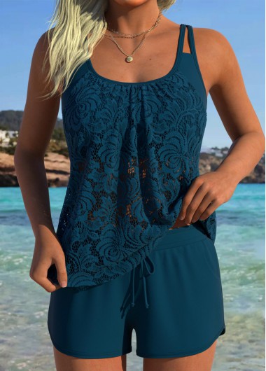 Modlily Tummy Coverage Mid Waisted Peacock Blue Tankini Set - XXL