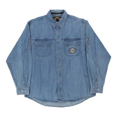 Harley Davidson Spellout Denim Shirt - XL Blue Cotton