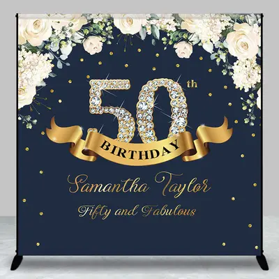 Custom Navy Blue Pink Floral 50th Birthday Backdrop - Aperturee