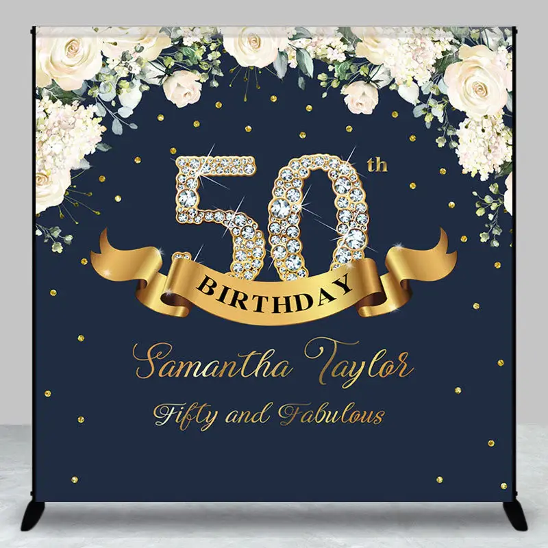 Custom Navy Blue Pink Floral 50th Birthday Backdrop - Aperturee