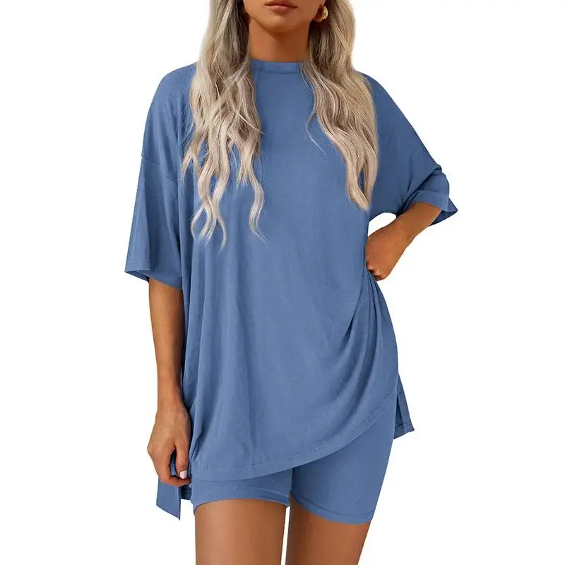 Women's Summer Two-Piece Set 2025 Casual Oversized Crewneck Split Hem Shirts & Side Pocket Biker Shorts Minimalist Lounge Wea...