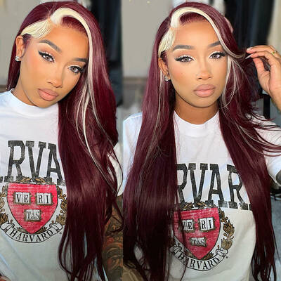 Skunk Strip Burgundy & 613 Honey Blonde Color Straight Lace Front Wig