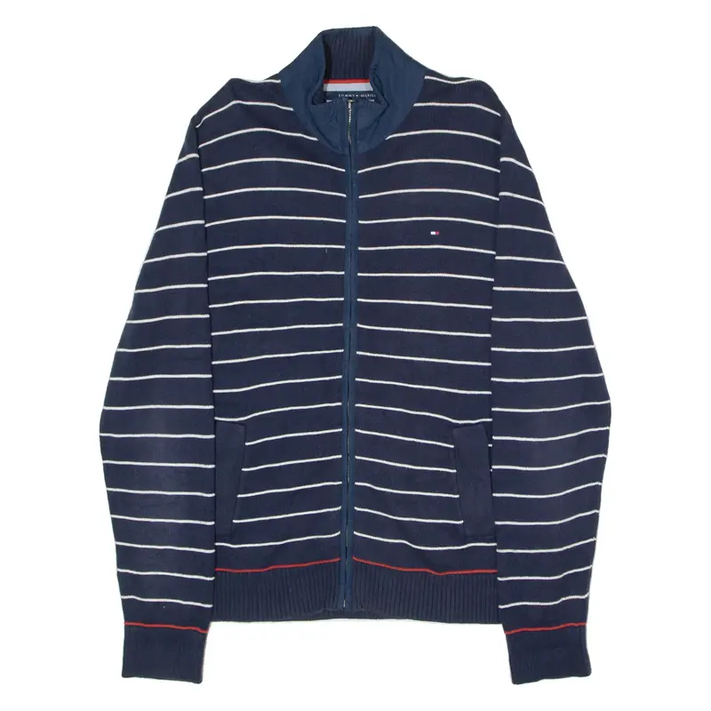 TOMMY HILFIGER Mens Patterned Cardigan Blue Striped High Neck Tight Knit XL