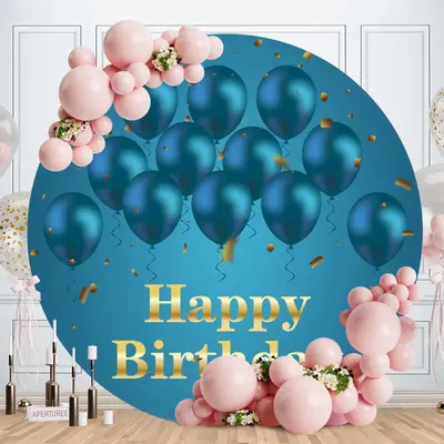Aperturee Blue Ballons Round Gold Happy Birthday Backdrop