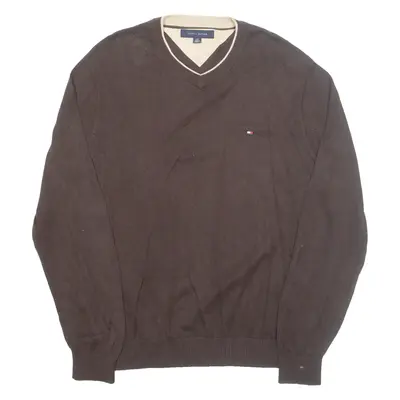 TOMMY HILFIGER Mens Jumper Brown V-Neck Tight Knit L