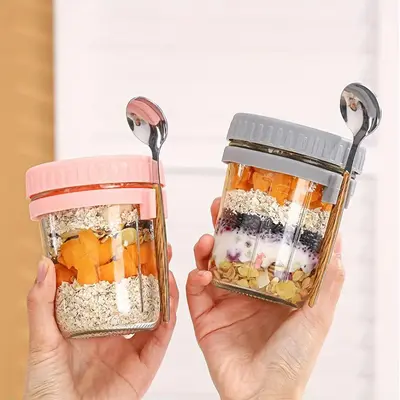 Overnight Oats Cup, 2 Counts Portable Glass Salad Jar with Spoon, Yogurt Cup, Breakfast Cup, Drinkware for Home Kitchen, Cont...