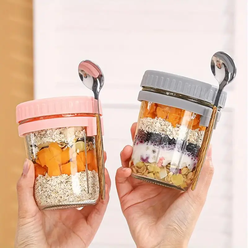 Overnight Oats Cup, 2 Counts Portable Glass Salad Jar with Spoon, Yogurt Cup, Breakfast Cup, Drinkware for Home Kitchen, Cont...