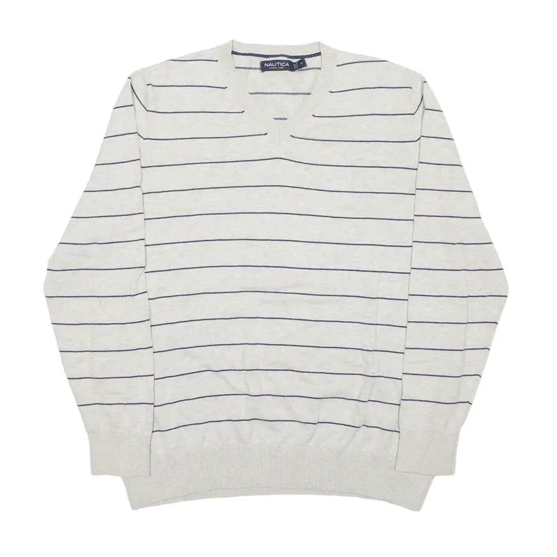 NAUTICA Patterned Jumper Grey Striped Tight Knit V-Neck Mens M