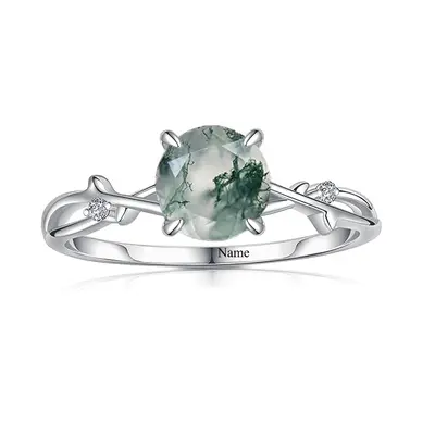 10K White Gold Round Moss Agate Personalized Classic Name Ring