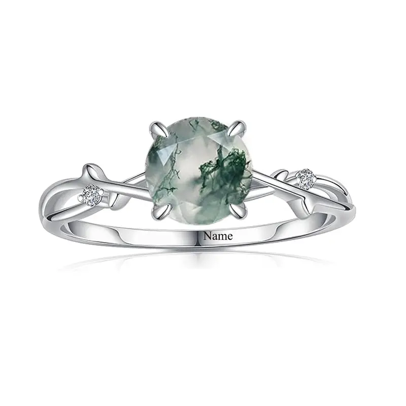 10K White Gold Round Moss Agate Personalized Classic Name Ring