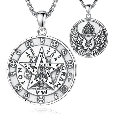 EUDORA Dual-Sided Tetragrammaton Necklace, 925 Sterling Silver Pendant with Planetary Seals & Angel Wing Trinity Symbol, YHWH...