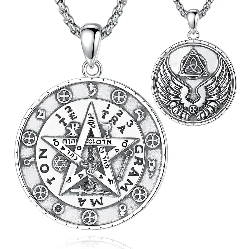 EUDORA Dual-Sided Tetragrammaton Necklace, 925 Sterling Silver Pendant with Planetary Seals & Angel Wing Trinity Symbol, YHWH...
