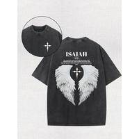 Men's Isaiah Angel Wings Graphic T-shirt Cotton Retro Washed Black with White Cross and Wings Design Short Sleeve Breathable ...