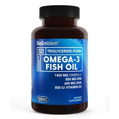 BioEmblem Omega-3 Fish Oil 2000mg - Triple Strength Triglyceride Form, 1400mg Omega-3 with 800mg EPA & 600mg DHA + 800 IU Vit...