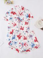 Women's All Over Bowknot Print Bow Print Short Sleeve Pajama Two-piece Set, Casual Comfy Lapel Neck Button Top & Elastic Wais...