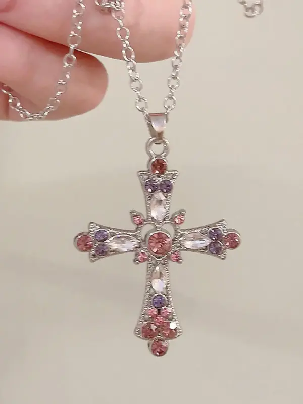 Rhinestone Decor Cross Pendant Necklace, 2024 New Fashion Y2k Matching Necklace for Women, Exquisite Jewelry Gifts for Girlfr...