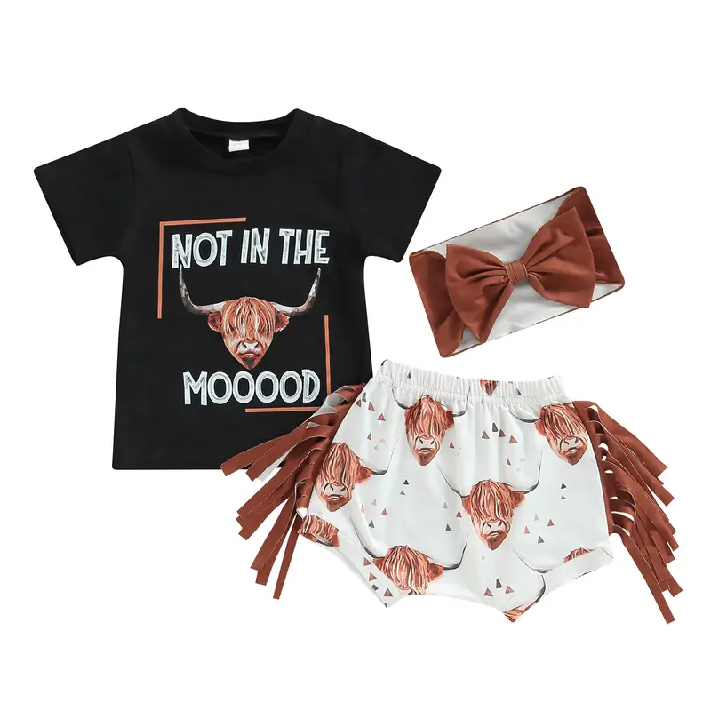 0-3Years Toddler Baby Girl Clothes Western Baby Girl Clothes Letter Short Sleeve T-shirt Top + Tassel Shorts Outfits + Headba...