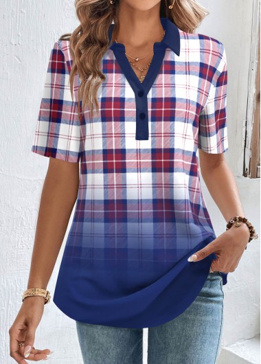Modlily Multi Color Button Plaid Short Sleeve Split Neck Blouse - M