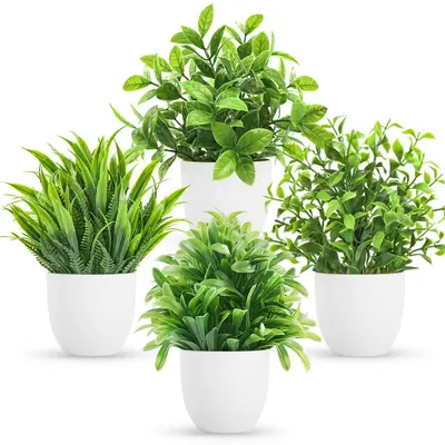6.7inch/17cm Artificial Eucalyptus Potted Plant, 4 Counts Fake Eucalyptus Plant, Mini Fake Plants in White Round Pot As Green...