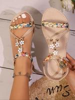 Women's Boho Style Flower Decorated Braided Sandals, Fashionable Flat Sandals for Summer, Dressy Summer Sandals, Casual Versa...