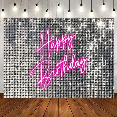 Aperturee Silver Sequins Pink Neon Happy Birthday Backdrop - Aperturee