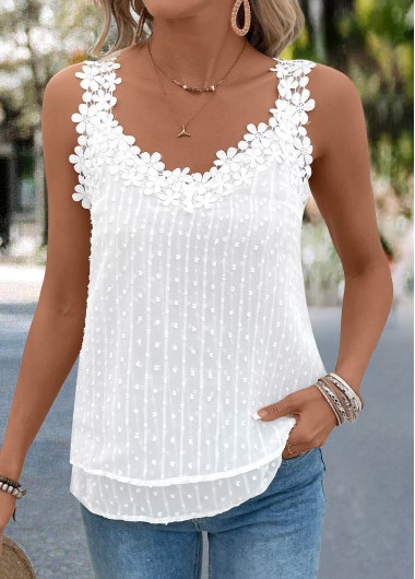 Modlily White Embroidery Sleeveless V Neck Tank Top - S