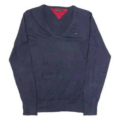 TOMMY HILFIGER Womens Jumper Blue V-Neck Tight Knit M